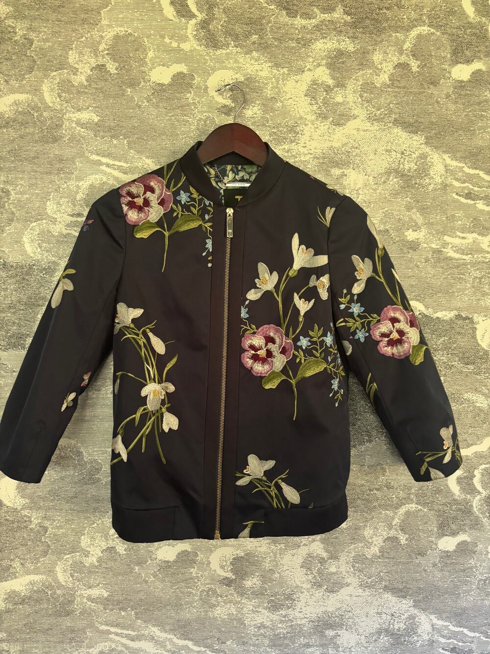 Ted Baker London Zip Jacket Detailed Floral Embroidered Botanical Size 1